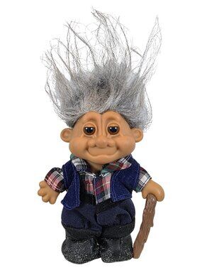 Vintage Russ Grandpa Troll Doll Old Man Gray Hair Cane Retro 90s Collectible